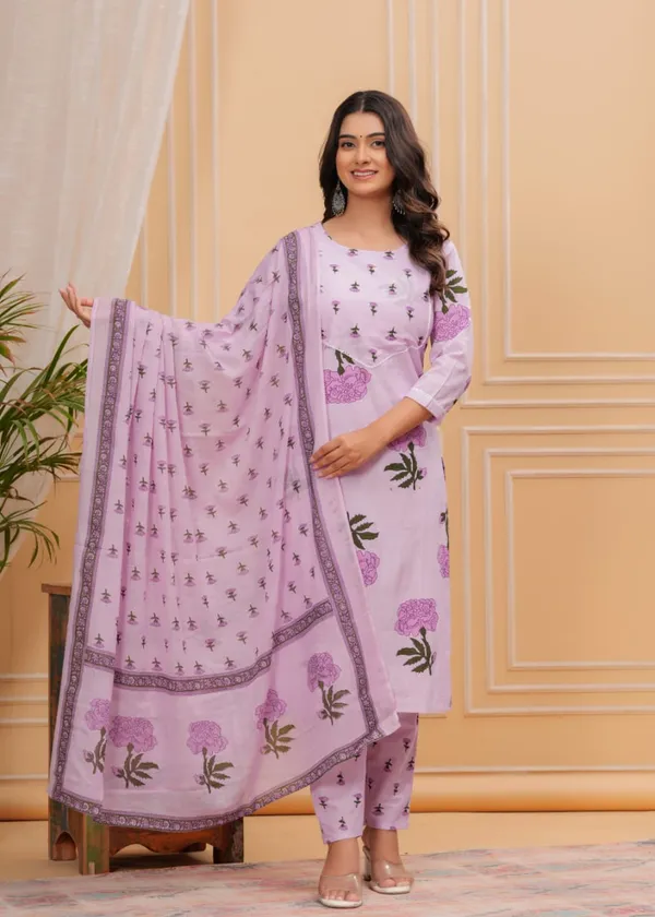 Purple_Cotton_Hand_Block_Floral_Printed_Kurti_Pant_Set_With_Dupatta_For_Women