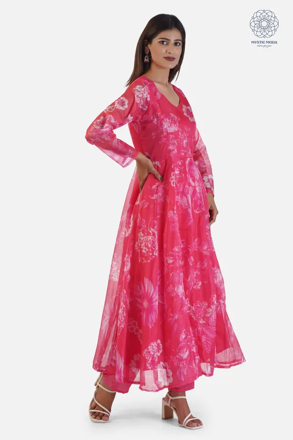 Red_Elegant_Organza_Anarkali_Gown_Kurti_With_Pant_Dupatta_Ethnic_Set_For_Women