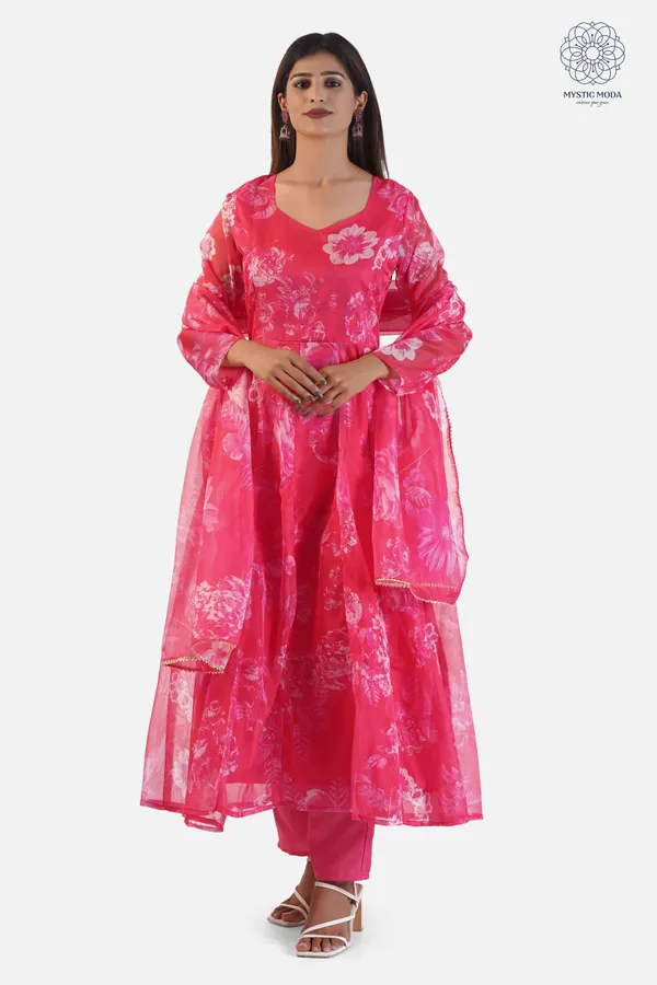 Red_Elegant_Organza_Anarkali_Gown_Kurti_With_Pant_Dupatta_Ethnic_Set_For_Women