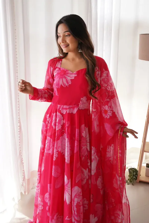 Red_Elegant_Organza_Anarkali_Gown_Kurti_With_Pant_Dupatta_Ethnic_Set_For_Women
