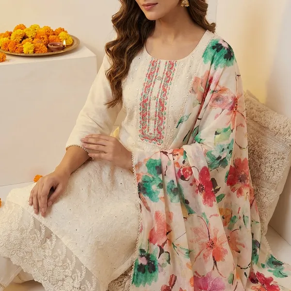 White_Cotton_Embroidered_Floral_Print_Kurta_Trouser_Dupatta_Set_For_Women