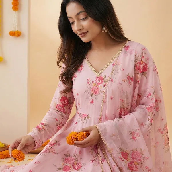 Pink_Elegant_Organza_Anarkali_Gown_Kurti_With_Pant_Dupatta_Ethnic_Set_For_Women