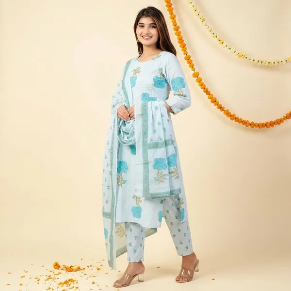 Blue_Cotton_Hand_Block_Floral_Printed_Kurti_Pant_Set_With_Dupatta_For_Women