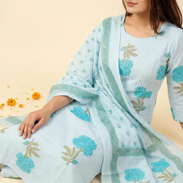Blue_Cotton_Hand_Block_Floral_Printed_Kurti_Pant_Set_With_Dupatta_For_Women