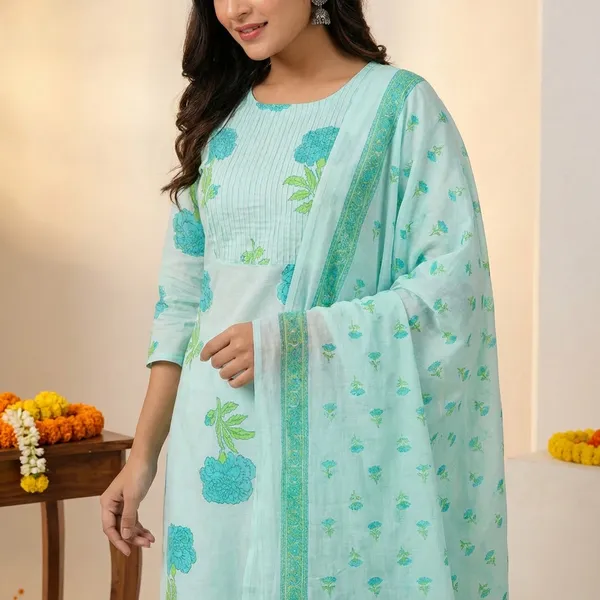Green_Cotton_Hand_Block_Floral_Printed_Kurti_Pant_Set_With_Dupatta_For_Women