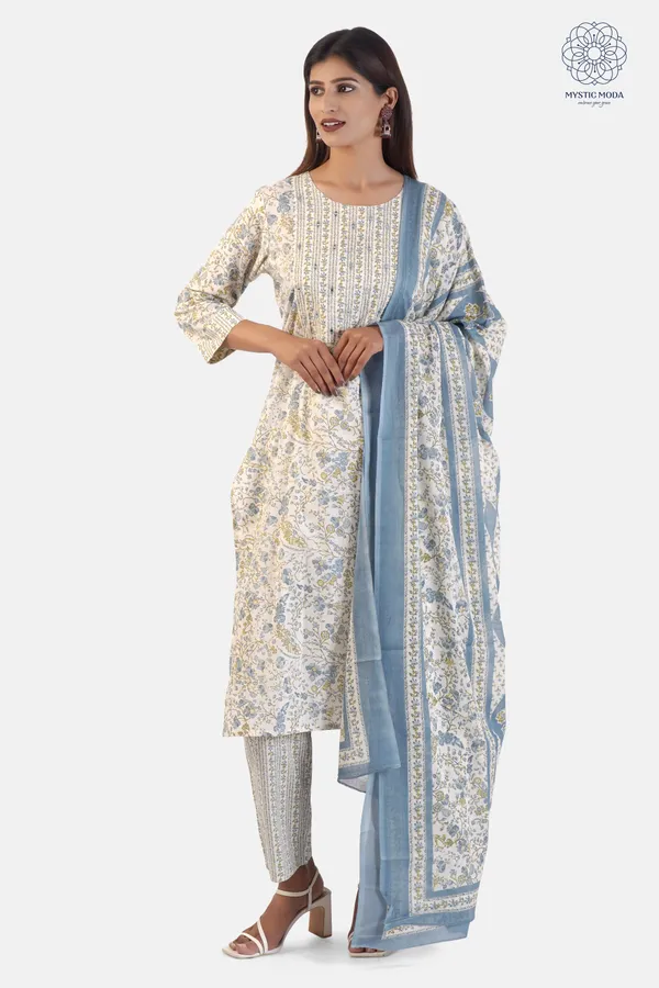 Blue_Cotton_Floral_Printed_Kurta_Pant_Dupatta_Set_Ethnic_Wear_For_Women