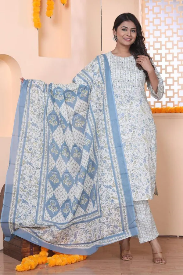 Blue_Cotton_Floral_Printed_Kurta_Pant_Dupatta_Set_Ethnic_Wear_For_Women
