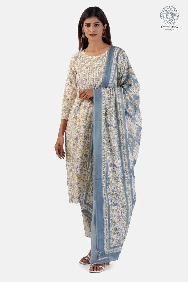 Blue_Cotton_Floral_Printed_Kurta_Pant_Dupatta_Set_Ethnic_Wear_For_Women