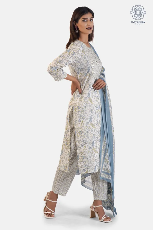 Blue_Cotton_Floral_Printed_Kurta_Pant_Dupatta_Set_Ethnic_Wear_For_Women