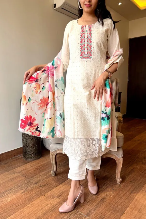 White_Cotton_Embroidered_Floral_Print_Kurta_Trouser_Dupatta_Set_For_Women