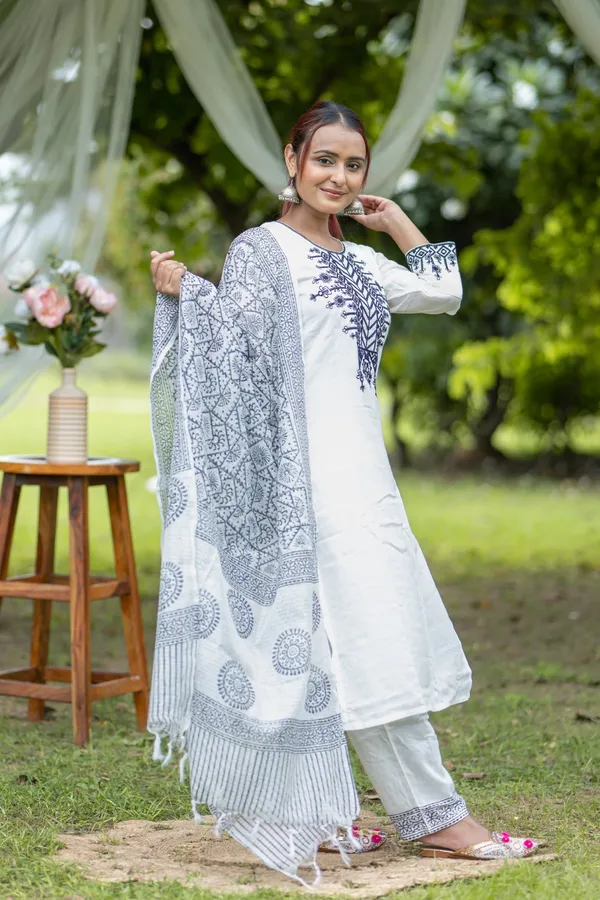 White_Cotton_Kurta_Set_With_Navy_Embroidery_Dupatta_Ethnic_Wear_For_Women