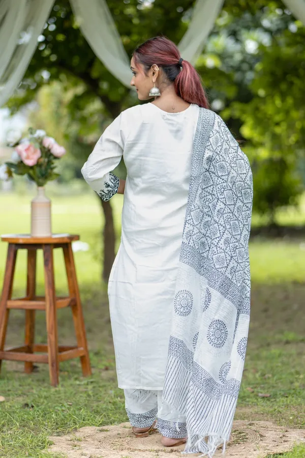 White_Cotton_Kurta_Set_With_Navy_Embroidery_Dupatta_Ethnic_Wear_For_Women