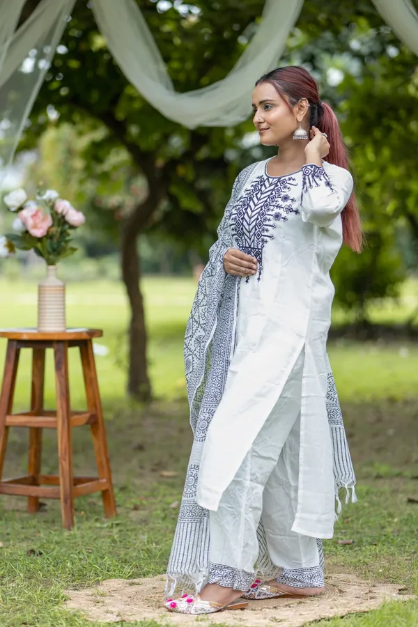 White_Cotton_Kurta_Set_With_Navy_Embroidery_Dupatta_Ethnic_Wear_For_Women
