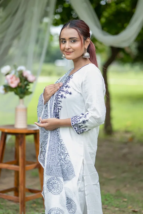White_Cotton_Kurta_Set_With_Navy_Embroidery_Dupatta_Ethnic_Wear_For_Women