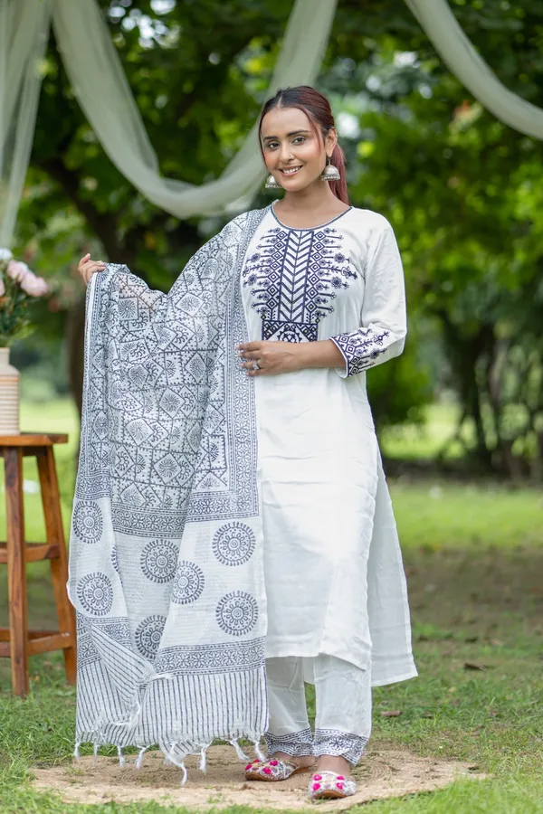 White_Cotton_Kurta_Set_With_Navy_Embroidery_Dupatta_Ethnic_Wear_For_Women
