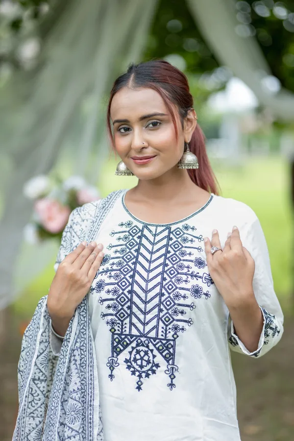 White_Cotton_Kurta_Set_With_Navy_Embroidery_Dupatta_Ethnic_Wear_For_Women