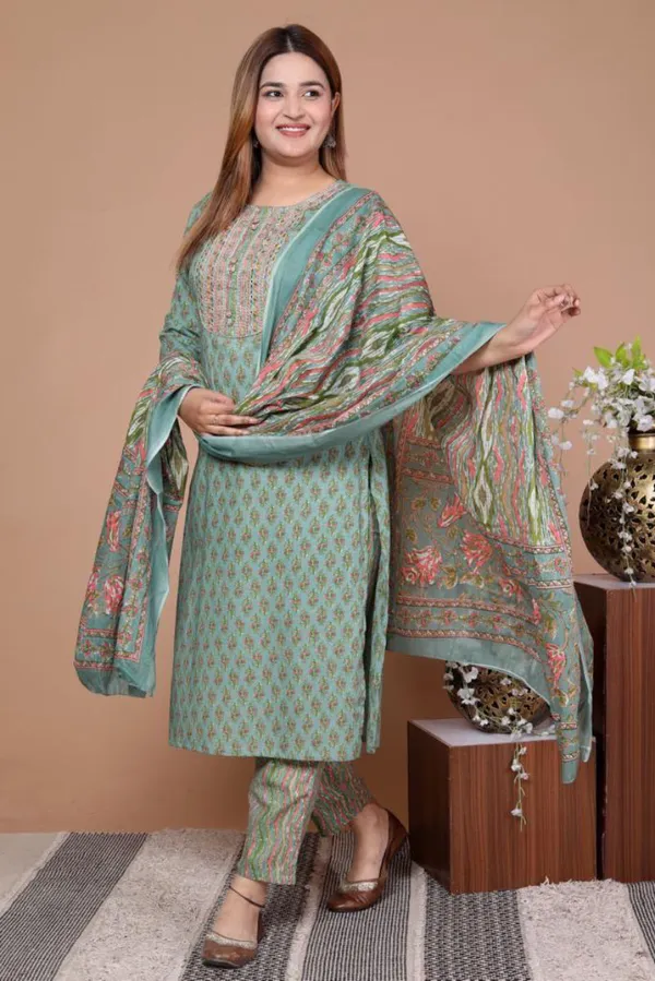 Green_Cotton_Printed_Suit_Set_With_Embroidered_Kurta_Straight_Pants_Dupatta_For_Women