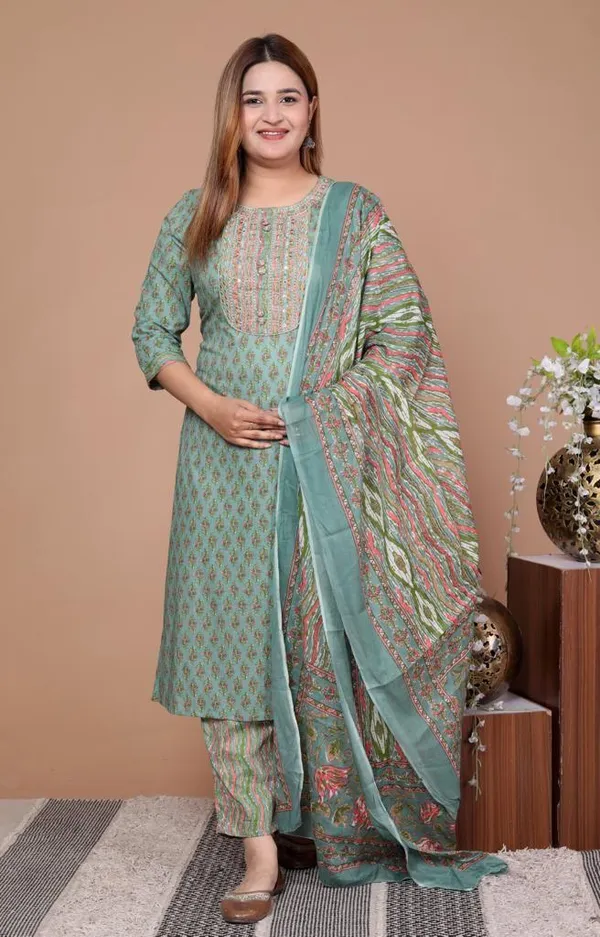 Green_Cotton_Printed_Suit_Set_With_Embroidered_Kurta_Straight_Pants_Dupatta_For_Women
