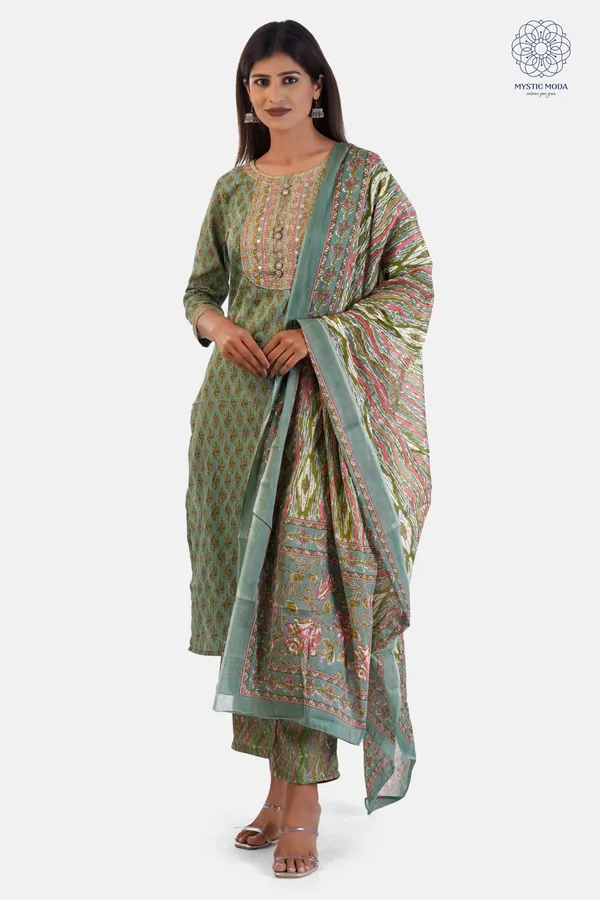 Green_Cotton_Printed_Suit_Set_With_Embroidered_Kurta_Straight_Pants_Dupatta_For_Women