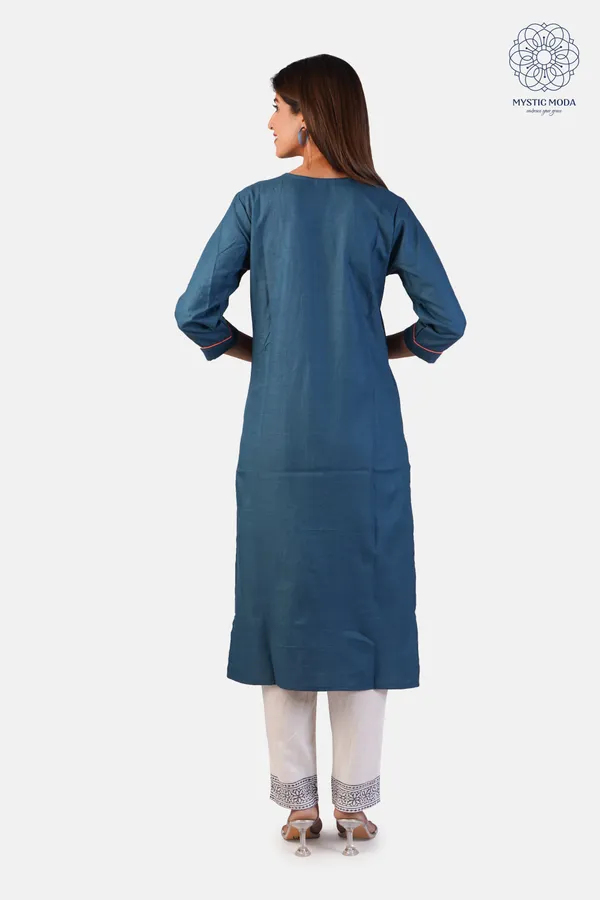 Blue_Cotton_Embroidered_Kurti_Pant_Set_Straight_Cut_Ethnic_Wear_For_Women