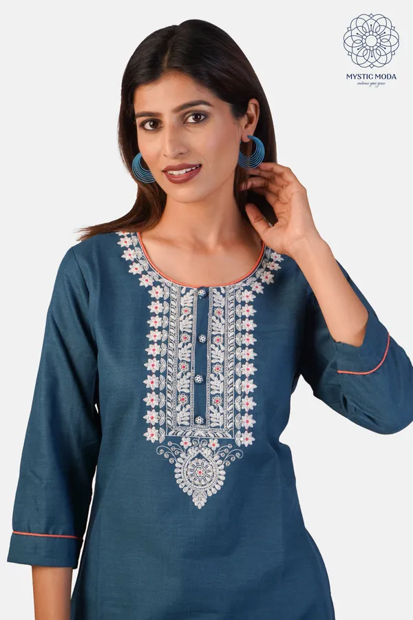 Blue_Cotton_Embroidered_Kurti_Pant_Set_Straight_Cut_Ethnic_Wear_For_Women