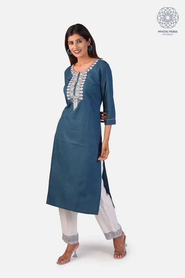Blue_Cotton_Embroidered_Kurti_Pant_Set_Straight_Cut_Ethnic_Wear_For_Women