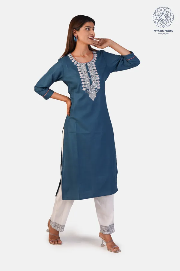 Blue_Cotton_Embroidered_Kurti_Pant_Set_Straight_Cut_Ethnic_Wear_For_Women