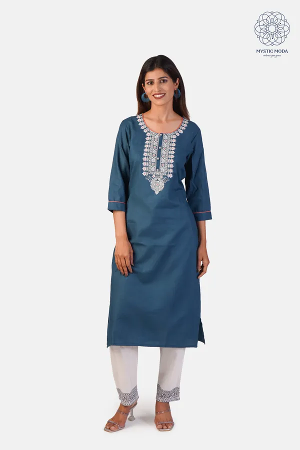 Blue_Cotton_Embroidered_Kurti_Pant_Set_Straight_Cut_Ethnic_Wear_For_Women