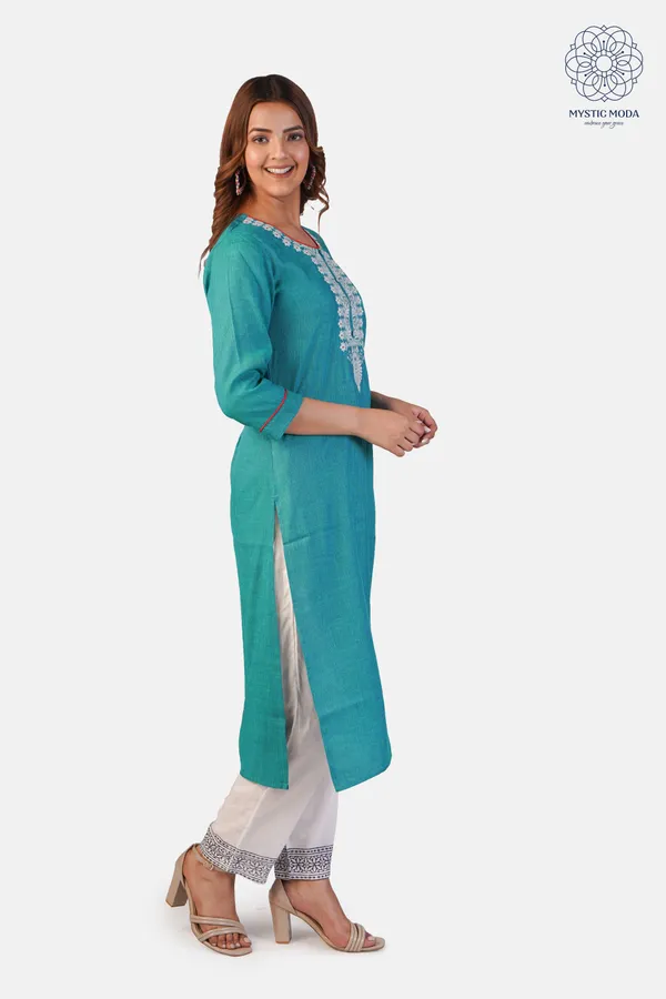 Green_Cotton_Embroidered_Kurti_Pant_Set_Straight_Cut_Ethnic_Wear_For_Women