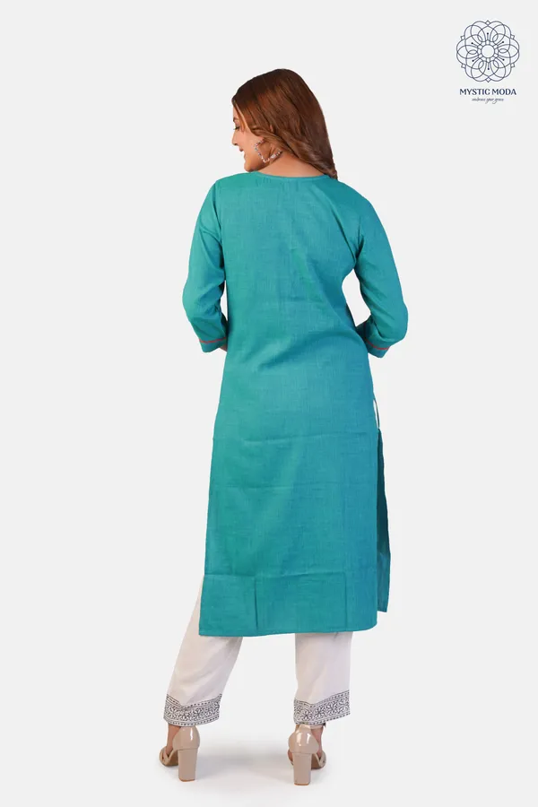 Green_Cotton_Embroidered_Kurti_Pant_Set_Straight_Cut_Ethnic_Wear_For_Women