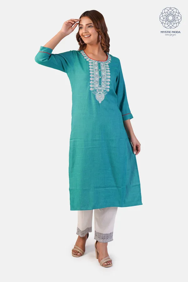 Green_Cotton_Embroidered_Kurti_Pant_Set_Straight_Cut_Ethnic_Wear_For_Women