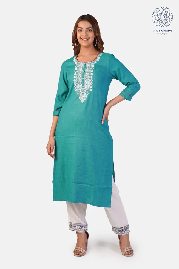 Green_Cotton_Embroidered_Kurti_Pant_Set_Straight_Cut_Ethnic_Wear_For_Women