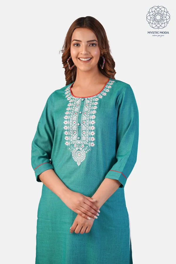 Green_Cotton_Embroidered_Kurti_Pant_Set_Straight_Cut_Ethnic_Wear_For_Women