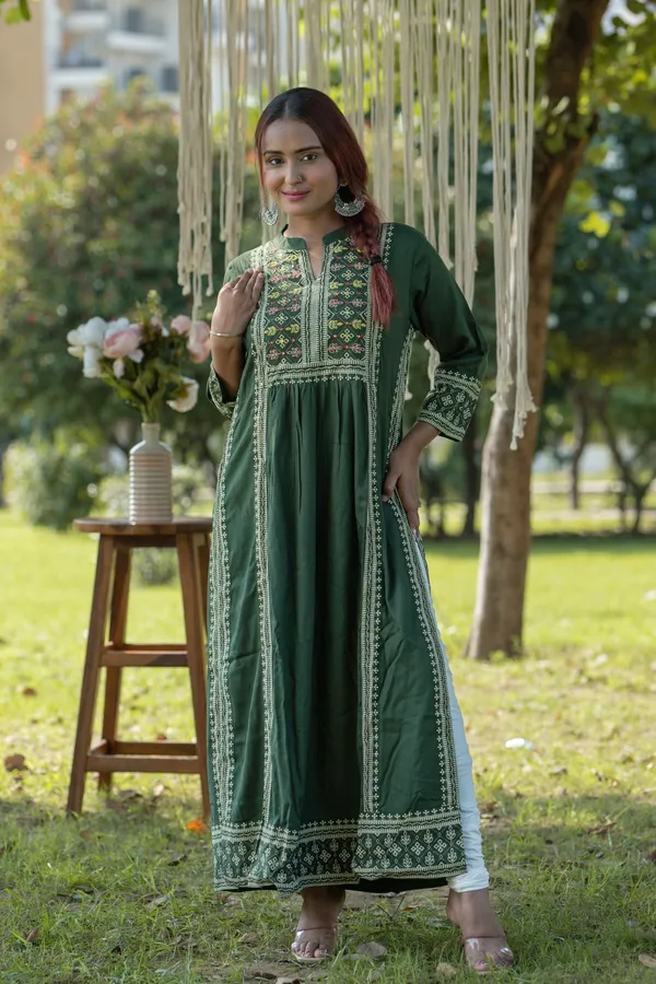 Green_Cotton_Embroidered_Kurta_Stylish_Ethnic_A_Line_Design_For_Women