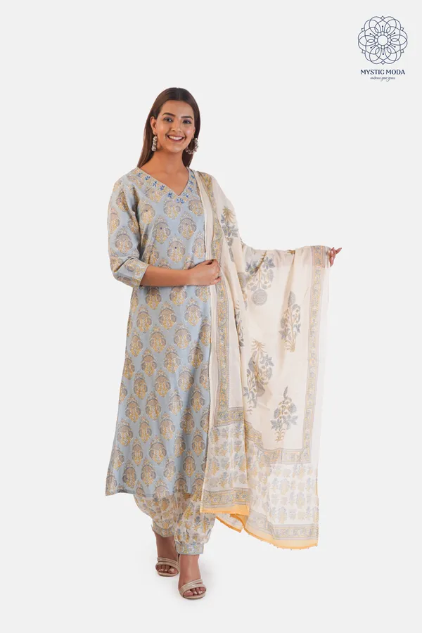 Blue_Elegant_Floral_Print_Kurta_Set_With_Pants_Dupatta_Ethnic_Wear_For_Women