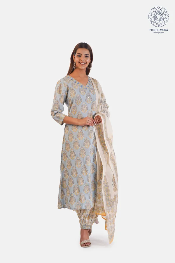 Blue_Elegant_Floral_Print_Kurta_Set_With_Pants_Dupatta_Ethnic_Wear_For_Women