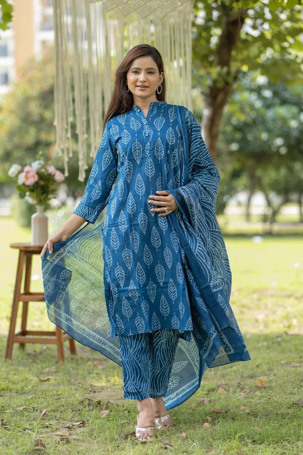 Blue_Cotton_Hand_Block_Printed_Kurta_Pant_Set_With_Dupatta_Ethnic_Wear_For_Women