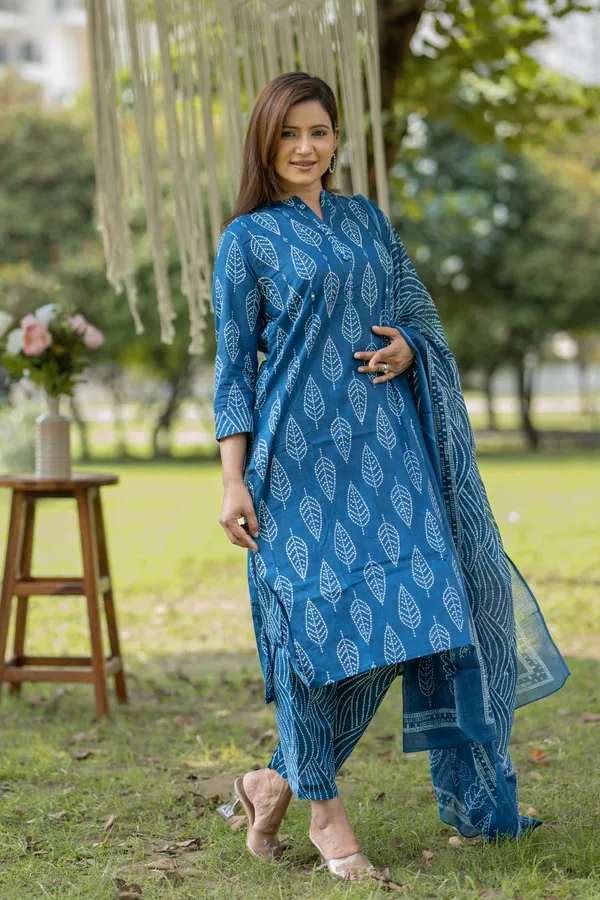 Blue_Cotton_Hand_Block_Printed_Kurta_Pant_Set_With_Dupatta_Ethnic_Wear_For_Women