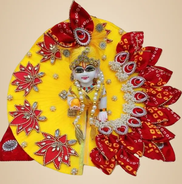 Red_Yellow_2_No_Size_Handcrafted_Laddu_Gopal_Decorative_Poshak_With_Designer_Mukut_Yellow_Floral_Backdrop_Bal_Krishna_Shringar_Set