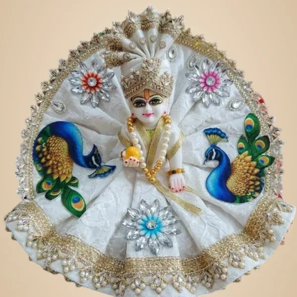 Multicolour_White_Peacock_Design_Laddu_Gopal_Poshak_With_Mukut_Handmade_Designer_Dress_For_Krishna_Idol_Pearl_Stone_Work_Bal_Gopal_Outfit_For_Janmashtami_Temple_Decoration_Size_2