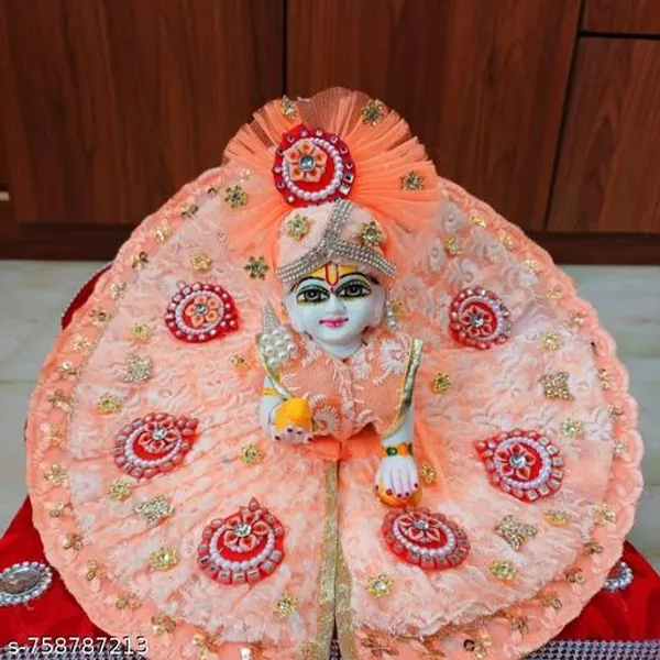 Multicolour_2_No_Size_Peach_Designer_Net_Laddu_Gopal_Poshak_With_Heavy_Embroidery_Matching_Mukut
