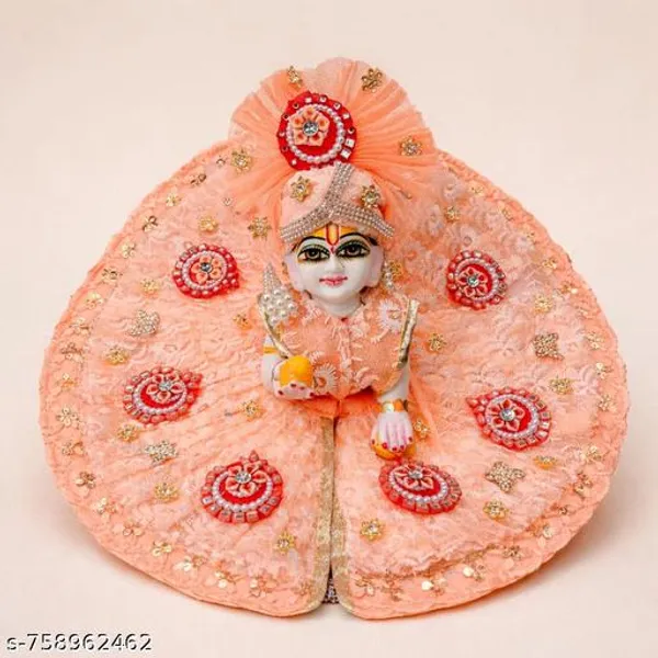 Red_And_Orange_4_No_Size_Peach_Orange_Designer_Net_Laddu_Gopal_Poshak_With_Heavy_Hand_Embroidery_Mukut