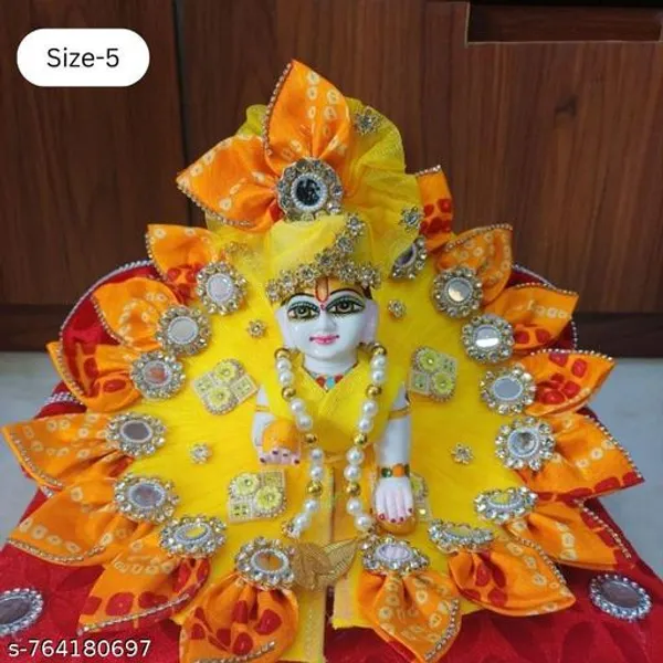 Multicolour_Size_5_Yellow_Orange_Bandhani_Laddu_Gopal_Poshak_Traditional_Jaipuri_Bandhej_Dress_With_Mirror_Work_And_Mukut