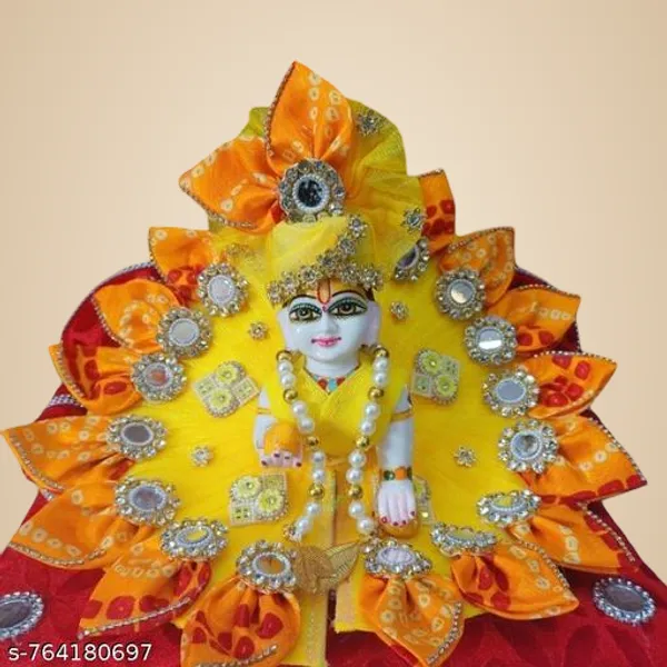 Multicolour_Size_5_Yellow_Orange_Bandhani_Laddu_Gopal_Poshak_Traditional_Jaipuri_Bandhej_Dress_With_Mirror_Work_And_Mukut