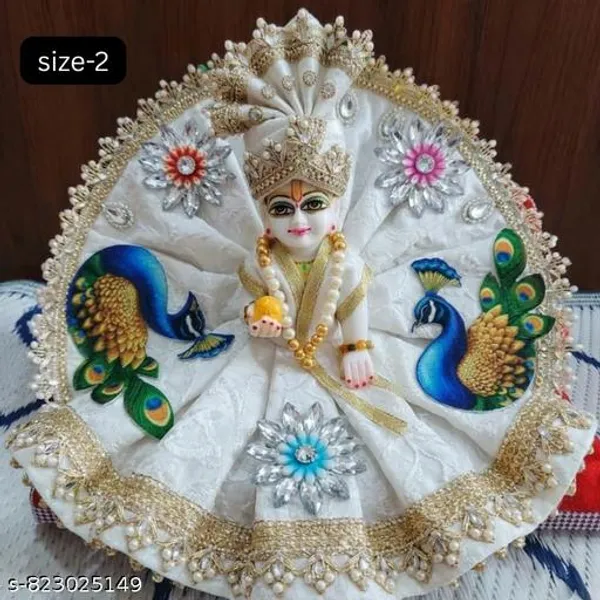 Multicolour_White_Peacock_Design_Laddu_Gopal_Poshak_With_Mukut_Handmade_Designer_Dress_For_Krishna_Idol_Pearl_Stone_Work_Bal_Gopal_Outfit_For_Janmashtami_Temple_Decoration_Size_2