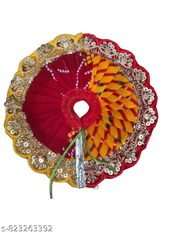 Multicolour_Designer_Red_Yellow_Dual_Tone_Laddu_Gopal_Poshak_Bandhej_Print_Dress_With_Golden_Lace_Border_For_Krishna_Idol_Handmade_Bal_Gopal_Outfit_For_Janmashtami_Temple_Decoration_Size_4