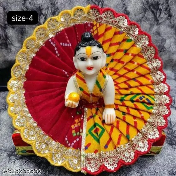 Multicolour_Designer_Red_Yellow_Dual_Tone_Laddu_Gopal_Poshak_Bandhej_Print_Dress_With_Golden_Lace_Border_For_Krishna_Idol_Handmade_Bal_Gopal_Outfit_For_Janmashtami_Temple_Decoration_Size_4