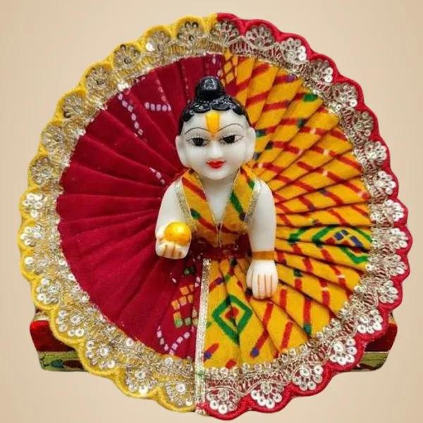 Multicolour_Designer_Red_Yellow_Dual_Tone_Laddu_Gopal_Poshak_Bandhej_Print_Dress_With_Golden_Lace_Border_For_Krishna_Idol_Handmade_Bal_Gopal_Outfit_For_Janmashtami_Temple_Decoration_Size_4