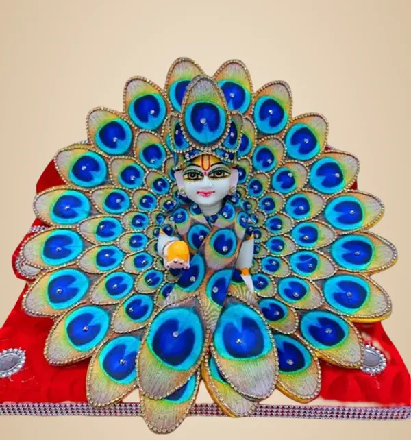 Multicolour_5_No_Size_Designer_Peacock_Feather_Kanha_Ji_Poshak_Heavy_Zari_Stone_Work_Laddu_Gopal_Shringar_Set