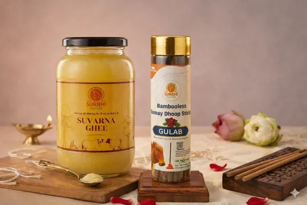 Surbhi_Culture_Suvarna_A2_Ghee_-_Pure_Golden_Clarified_Butter_(Glass_Jar)_And_Bambooless_Gomay_Dhoop_Sticks_Gulab_-_Premium_Incense_For_Pooja_And_Home_Fragrance(30_Sticks)